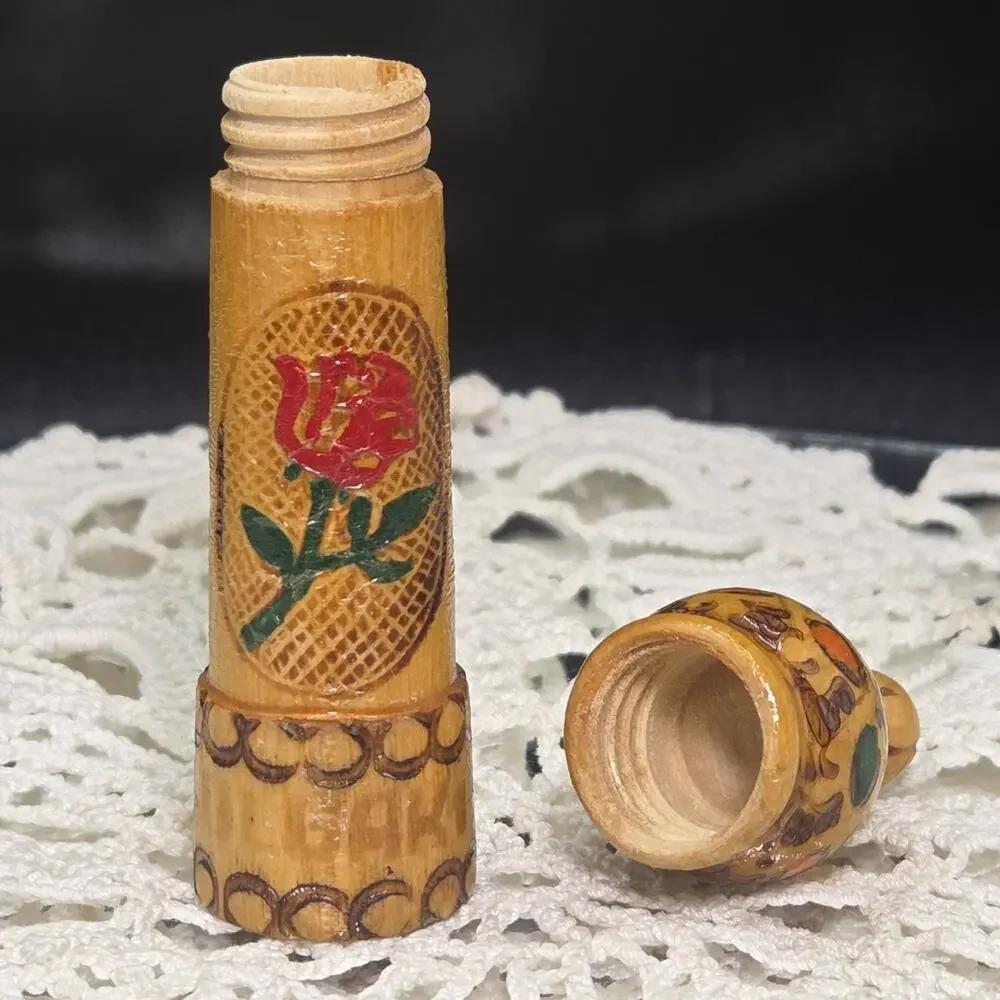 Antique Treen Wooden Hand Carved\painted Etui Sewing Needle Case Rose Bulgaria